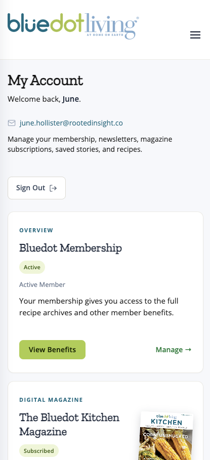 The same account page on a phone: the reader’s membership is Active, with View Benefits and Manage buttons, and the magazines follow below.
