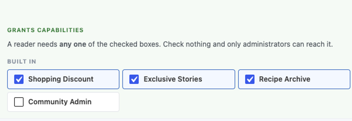 In the staff editor for the Member level, three capabilities are switched on, Shopping Discount, Exclusive Stories and Recipe Archive, which sets who can reach each benefit, and Community Admin is off.