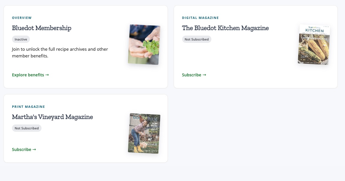 Before the reader becomes a member, her account shows an Inactive membership and two magazines marked Not Subscribed, each with only an invitation to join.