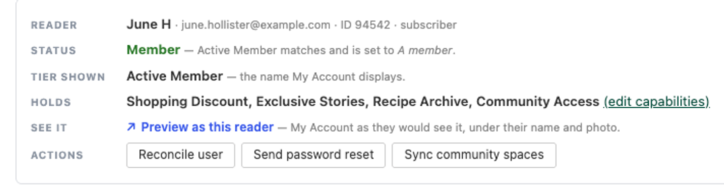 The staff inspector’s record for the test reader June: her status is Member, a note beside it says why, Active Member matches and is set to A member, and below it are the benefits she holds.